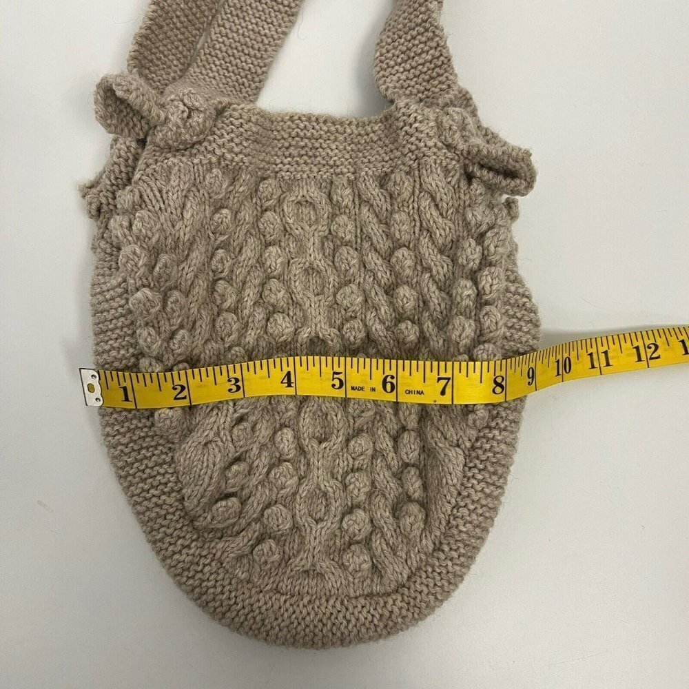 Cable Knit Hand Made Wool Blend Tan Neutral Boho Granny Grandma Tote Bag - Picture 3 of 9